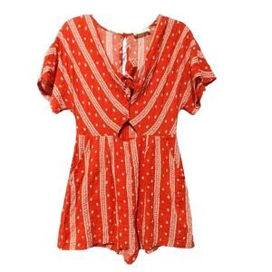 The Impeccable Pig V-Neck Romper Cut-Out Geometric Print Orange White Womens S